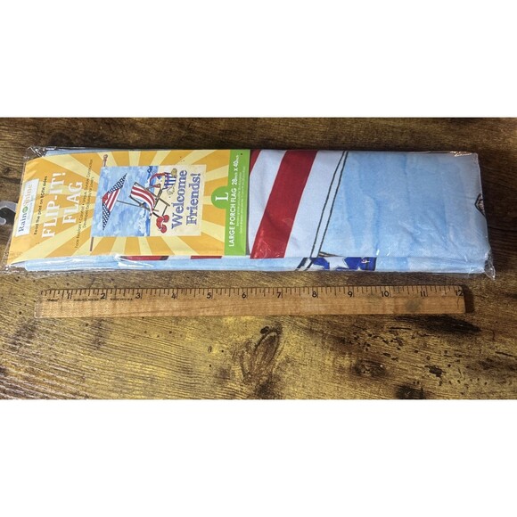 Porch Flag NEW Rain Or Shine Welcome Friends Patriotic Summer Beach 28”x40”LG - Picture 9 of 9